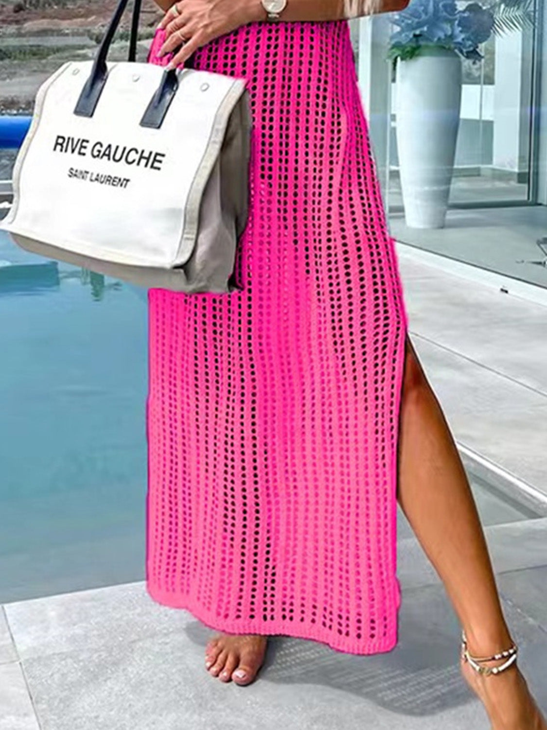 Openwork Slit Cutout Wide Strap Dress - store name